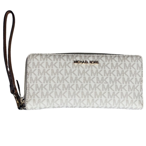 Michael Kors Jet Set Travel Wristlet Wallet MK Logo Zip Around Santiago Leather - Picture 2 of 6